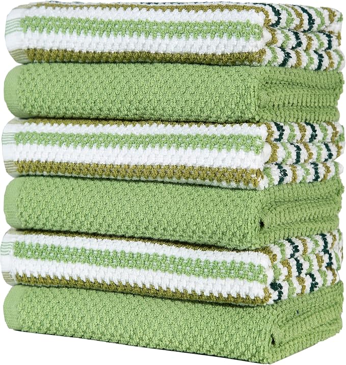 Bumble Kitchen Towels 6 Pack 100% Cotton 16"x26" - Sage Wide Stripe | 430 GSM Soft Kitchen Hand Towels with Hanging Loop, Highly Absorbent & Durable for Washing and Drying Dishes - Image 4