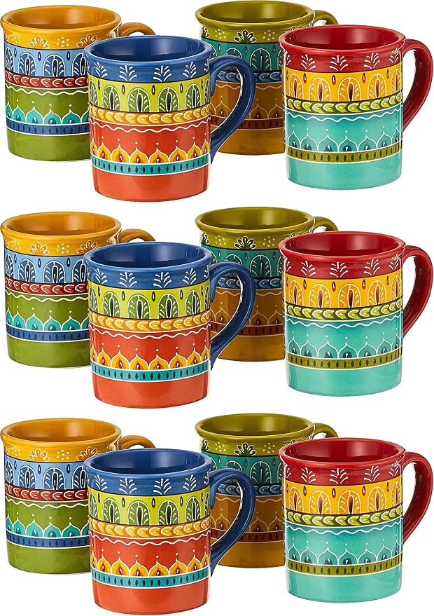 Valencia Mugs Set of 4 – 16 oz Colorful Ceramic Coffee Cups with Bold Multicolor Patterns, Microwave & Dishwasher Safe, Boho Kitchen Drinkware for Tea, Cocoa & More (Pack of 3) by CERTIFIEDINTERNATIONAL