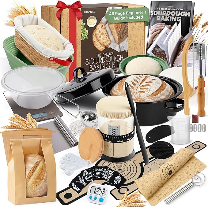Super Deluxe All-Inclusive 𝗣𝗥𝗘𝗠𝗜𝗨𝗠 Sourdough Starter Kit with Pot. Sourdough Bread Baking Supplies, Scale, Oval & Round Baking Slings, 4 proofing Baskets, Bowl, Timer, Beginner Guide & Recipes