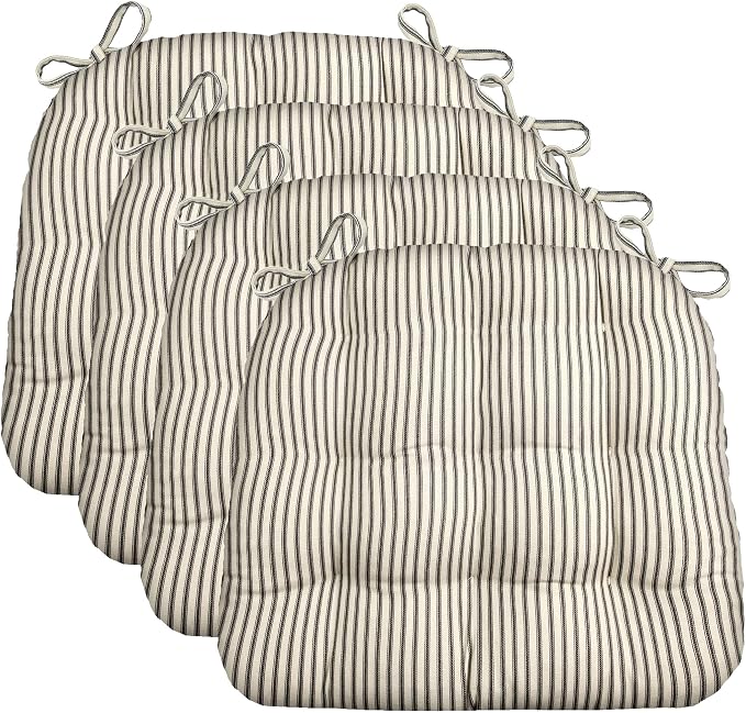 Barnett Home Decor Chair Cushions for Dining Chairs - 15x17 Kitchen Chair Cushions - Machine Washable, 100% Cotton - Made in USA - Latex Foam Comfort Chair Pads - Ticking Stripe Black Small Pack of 4 by BarnettHomeDecor