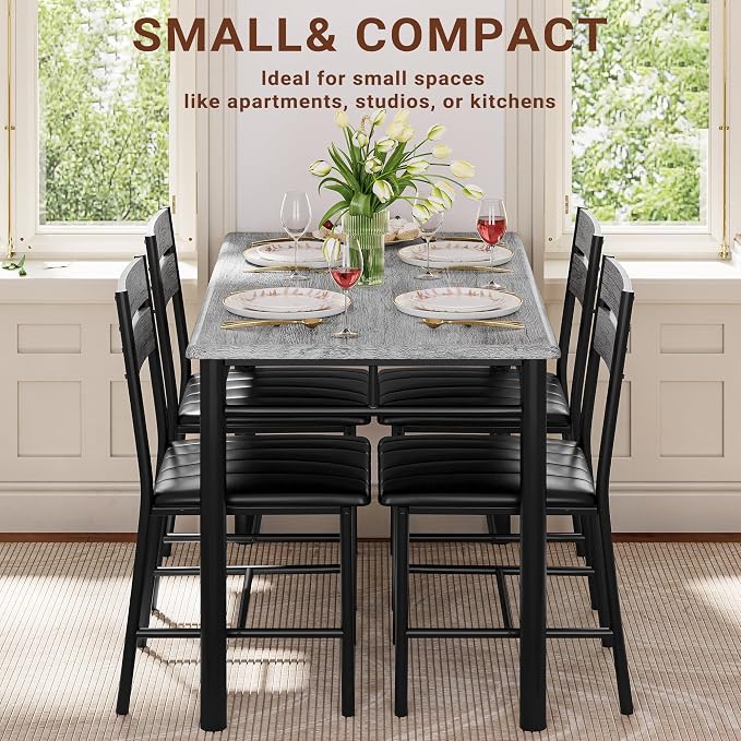 IRONCK Dining Table Set for 4, Grey | Wood Kitchen Table with Upholstered Chairs for Kitchen Room and Small Spaces - Image 5
