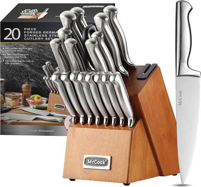 McCook Knife Set Kitchen Steel Knife Block Set w Built-in Sharpener | German Forged Stainless Steel, 20 PC,Razor Sharp, Anti-Rust,Restaurant Grade,Ergonomic Handles,Full Tang,Gift Box by McCook