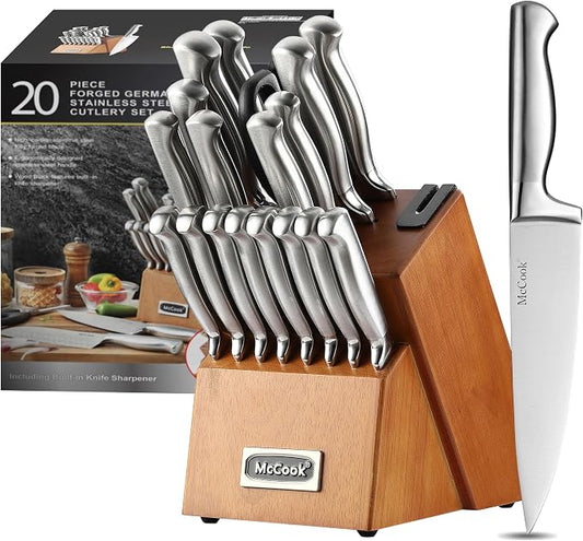 McCook Knife Set Kitchen Steel Knife Block Set w Built-in Sharpener | German Forged Stainless Steel, 20 PC,Razor Sharp, Anti-Rust,Restaurant Grade,Ergonomic Handles,Full Tang,Gift Box by McCook