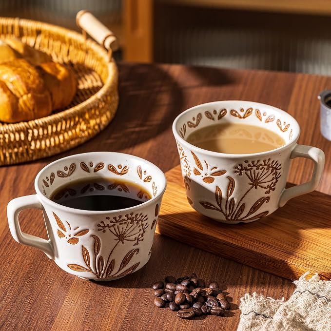 Ceramic Mugs 11 oz Unique Luxurious Cups Set of 4 with Premium Spoon, Mug for Coffee Milk Latte Cappuccino Tea, for Office Home Dishwasher Microwave Freezer Safe, Birthday Gift, Stoneware - Image 2
