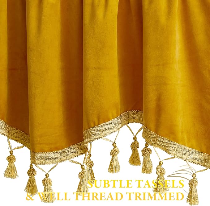 Warm Gold Autumn Tassel Velvet Valances Curtains 52x18 Inch 2 Panels | Rod Pocket Scalloped Tier Curtains, Light Dimming Privacy Protect Window Drapes for Cafe, Holiday Fall Decor - Image 4