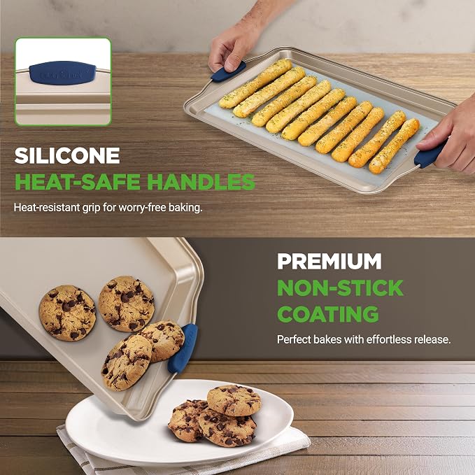 NutriChef 3‑Piece Non‑Toxic Cookie Sheets for Baking – Premium Carbon Steel Oven Tray Set with Blue Silicone Handles – Nonstick Baking Sheet Set for Cookies, Pastries & Oven‑Safe Cooking - Image 6