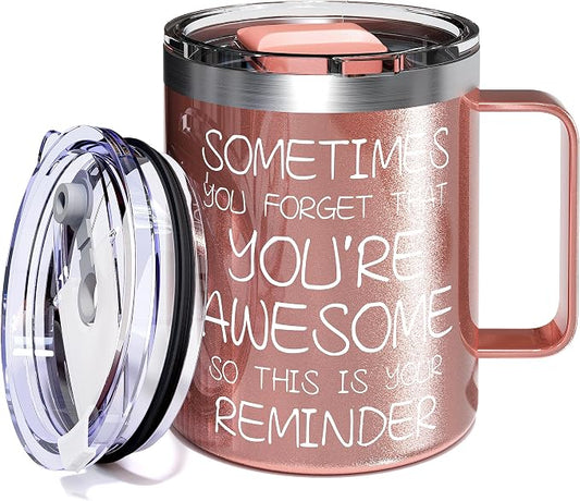 Inspirational Coffee Mug for Women, 12oz Insulated Stainless Steel Mug with Handle & 2 Lids – Sometimes You Forget You’re Awesome, Birthday & Appreciation Gift for Mom, Friend, Rose Gold by avodvo