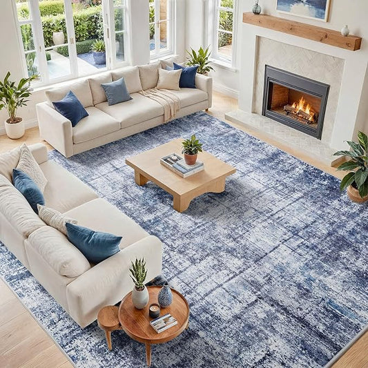 10x14 Washable Area Rug for Living Room Bedroom: Non-Slip Modern Navy Blue | Machine Washable TPR Backing, Stain-Resistant Low Pile, Pet & Kid Friendly, Abstract Decor for Dining Room, Dorm, Home Office by Oriannal