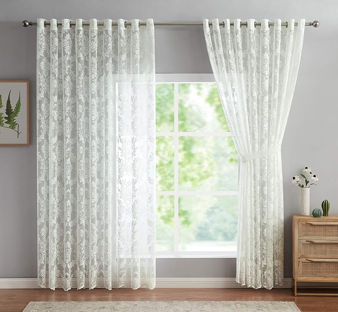 LinenZone 108x100 2 Ivory Lace Wall-to-Wall Curtains. (Lisa 108x100, Ivory) | 2 Elegant Knitted Lace Wall-to-Wall Curtains with Scalloped Bottom and Tiebacks for Extra Large Windows . by LinenZone