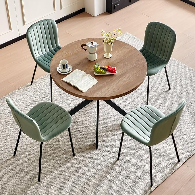 37 Inch Round Dining Table Set for 4, Modern Small Circle Kitchen Coffee Set for Apartment Living Room Office, Save Space(1 Imitation Wooden Table + 4 Green Velvet Chairs) - Image 6