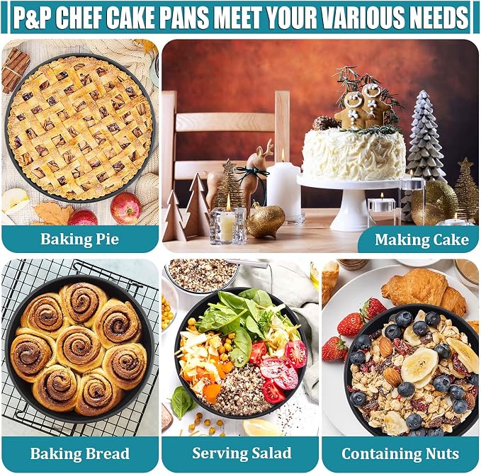 P&P CHEF 6 Inch Cake Pan Set, 4Pcs Non-stick Round Baking Cake Pans Tins | Stainless Steel Core & Nonstick Coating, Good for Baking Layer Tier Cakes for Birthday Wedding, Deep Side & One-piece Design - Image 7