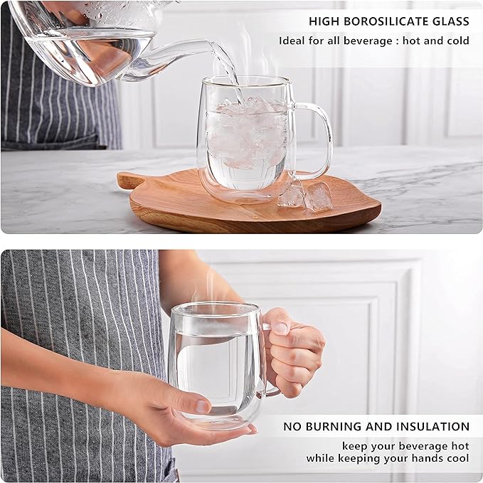 CNGLASS Large Double Wall Glass Coffee Mug 15.2oz,Clear Insulated Glass Espresso Cup with Big Handle,Clear Glass Espresso Mugs for Latte,Cappuccino,Tea Bag,Hot and Cold Beverages,set of 4