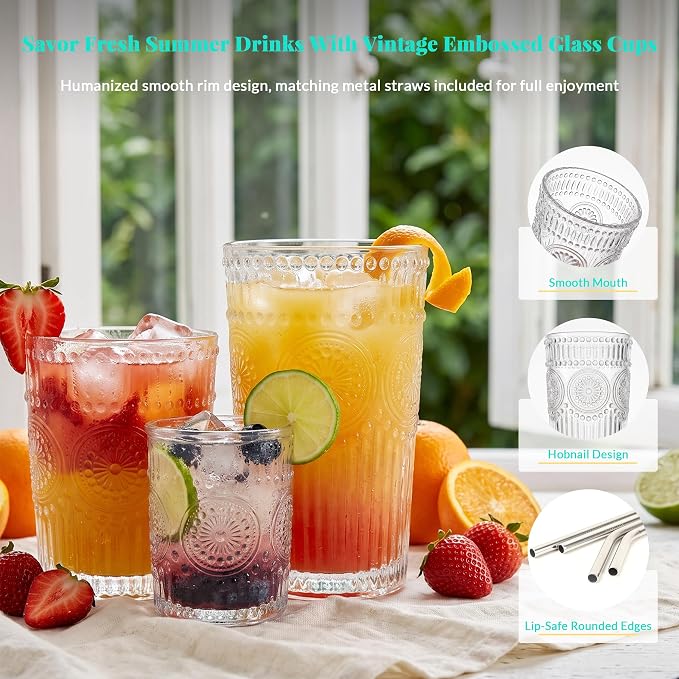 CycleMore 12Pc SunFlower Drinking Glasses,15oz + 12oz + 4oz Clear Cup | Bar Tumbler Glassware with 8 Stainless Straws for Juice, Cocktail, Whiskey, Espresso. Dishwasher Safe & Lead-Free Glass. - Image 5