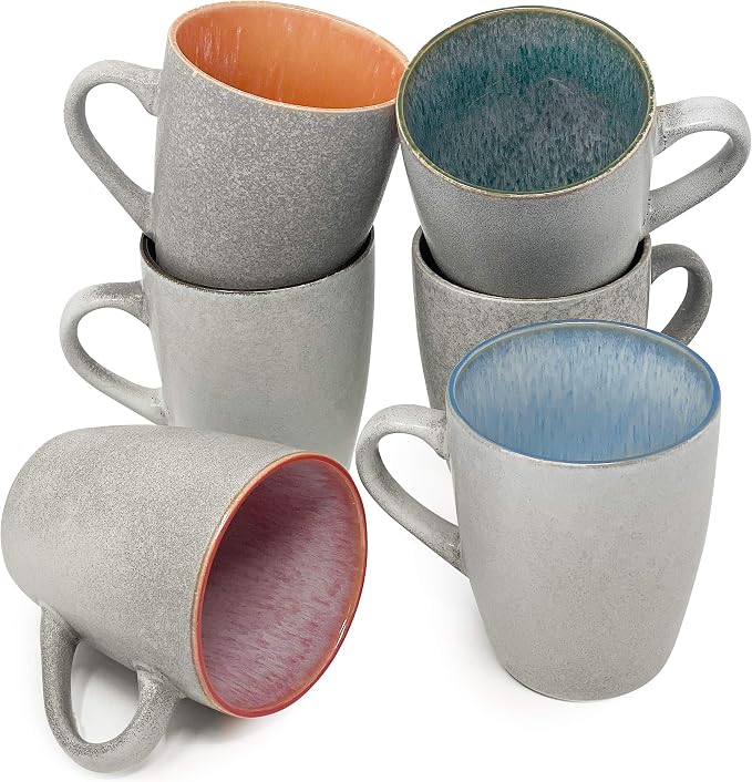 BTaT- Porcelain Coffee Mugs Set, 12 oz (350ml), 6 Pack, Ceramic Coffee Mugs, Matte White Outside and Colorful Inside, Restaurant Cups for Tea, Cappuccino, Cocoa, Cereal, Mug Gift Set, Dishwasher Safe by BrewToATea