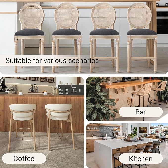 French Country Barstool, Linen Farmhouse Counter Height Chair | Set of 2, with Rattan Round Back and Solid Wood Legs, Oval Chairs for Restaurant, Bar, Kitchen, Café,Dark Grey - Image 7