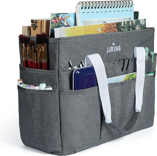 JJRING Craft Organizer Tote Bag, Large Art Storage Caddy with Multiple Pockets, Gray Sewing Bag for Art, Craft, Scrapbooking, School, Medical, and Office Supplies Storage
