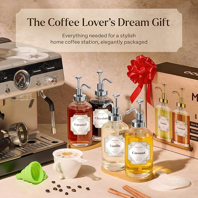 Glass Coffee Syrup Dispenser for Coffee Bar - Set of 4 Silver 16.9 oz / 500 ml Glass Syrup Bottles, Includes 2 Bamboo Trays, 16 Stencils, Labels, Coffee Bar Accessories