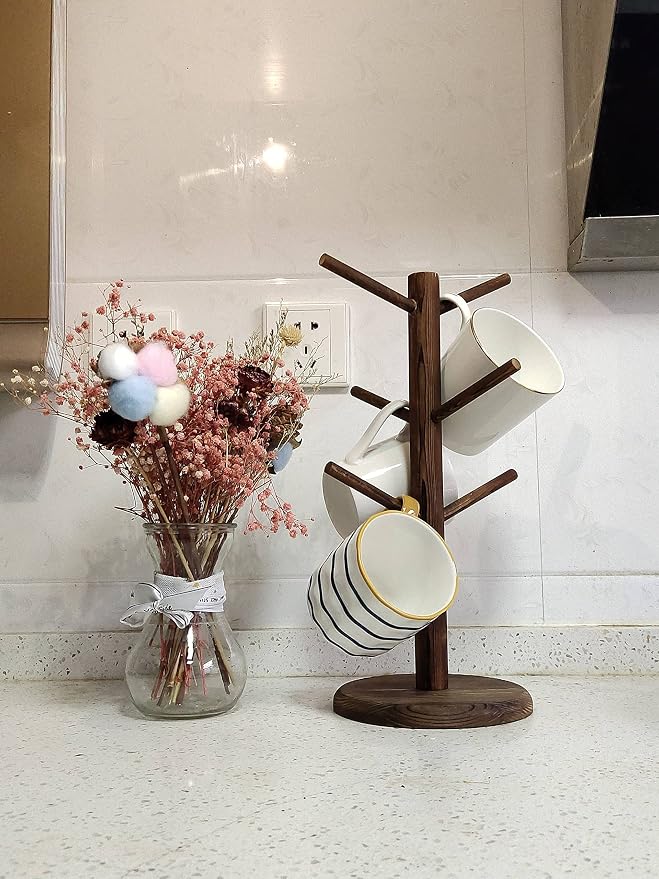 Dorhors Mug Holder Tree,Coffee Cup Holder,Mug Rack Stand Hook,Bar Organizer | Rustic Brown Wood Coffee Station Accessories 6 Hook,Coffee Shelf Decor for Kitchen Countertop,Counter Storage Display Mug,Cup - Image 2