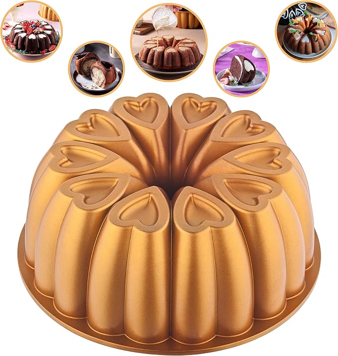 Heart Shape Aluminum Cake Pan, Titanium Coating, Non-Stick, 12 Cups, Heavy Duty, Gifts for Mom, Molded Cake Pan, 10 Inch Baking Mold, Cast Aluminum Fluted Tube Pan, Easy to Clean (Gold) by MIENCA