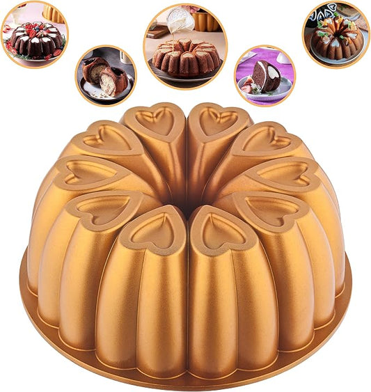 Heart Shape Aluminum Cake Pan, Titanium Coating, Non-Stick, 12 Cups, Heavy Duty, Gifts for Mom, Molded Cake Pan, 10 Inch Baking Mold, Cast Aluminum Fluted Tube Pan, Easy to Clean (Gold) by MIENCA