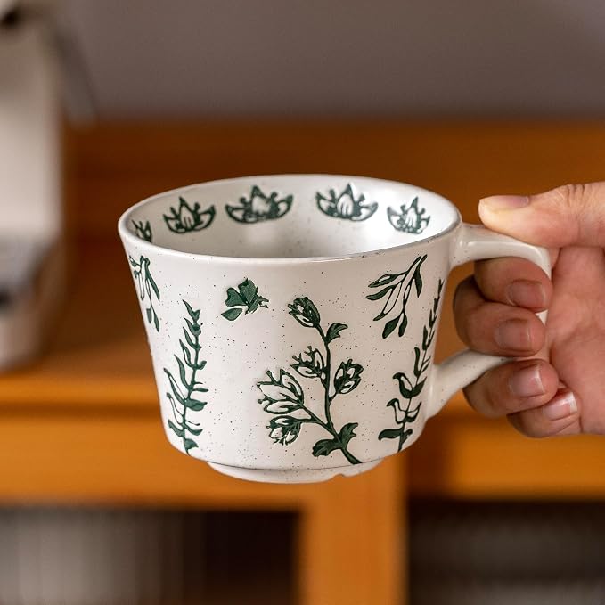 Ceramic Mugs 11 oz Set of 4, Unique Luxurious Stoneware Cups for Coffee Milk Latte Cappuccino Tea, Office Home Kitchen Use, Dishwasher Microwave Freezer Safe, Mixed Green - Image 4
