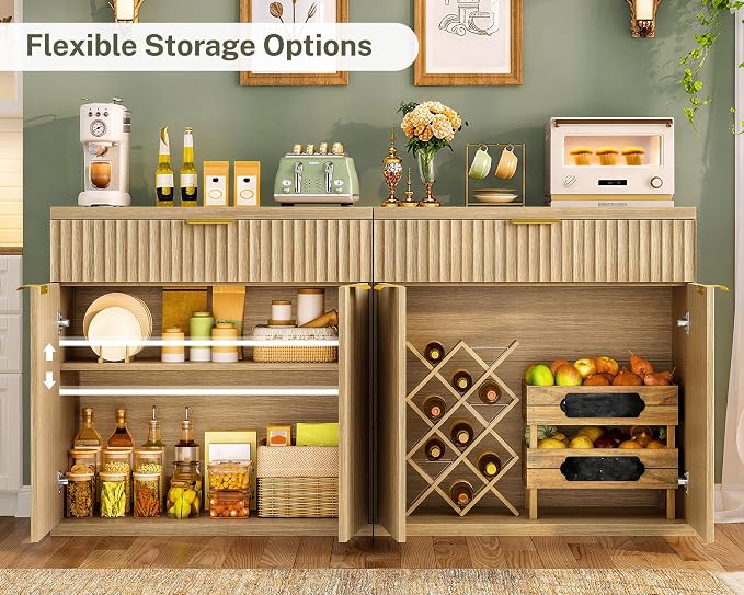 TEENFON Fluted Buffet Cabinet with Storage, 63" Sideboard Cabinet, Coffee Bar Cabinet with 2 Doors and Adjustable Shelf for Living Room, Kitchen, Entryway, Natural - Image 6
