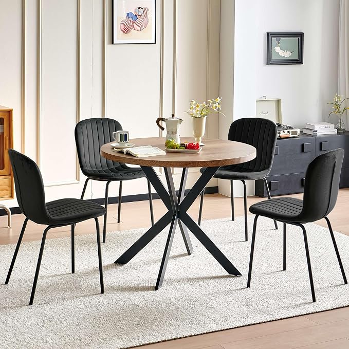 37 Inch Round Dining Table Set for 4, Modern Small Circle Kitchen Coffee Set for Apartment Living Room Office, Save Space(1 Imitation Wooden Table + 4 Black Velvet Chairs) - Image 9
