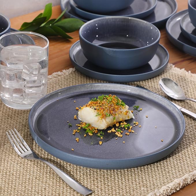 Gibson Elite Reactive Stoneware Dinnerware Set - Tahoe Sunset Matte Exterior & Shiny Interior Blue | 12-Piece – Plates and Bowls, Durable Everyday Dish Set, Microwave & Dishwasher Safe - Image 4