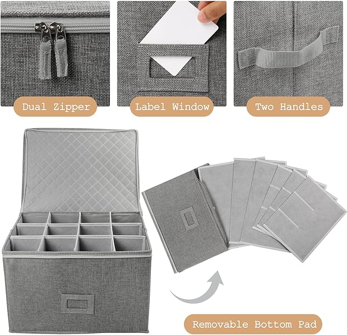 LotFancy Stemware Storage Container, Hard Shell, Stackable Wine Glass Storage Box with Dividers & Handles, Crystal Glassware, Champagne Flute, Drinkware Case for Moving, Grey - Image 5