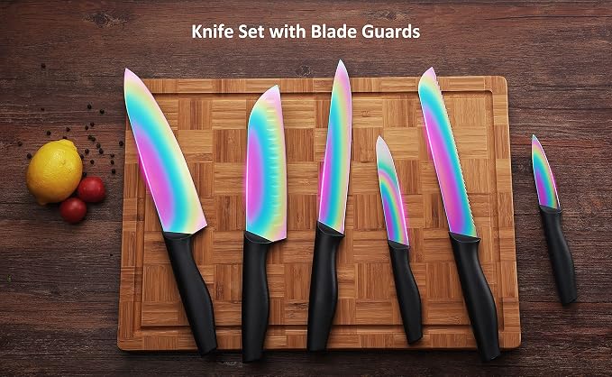 Marco Almond Kitchen Knife Set, KYA36 12-Piece Rainbow Color Stainless Steel Chef Boxed Knives Set for Kitchen with Covers, 6 Knives with 6 Blade Guards, Black | 6 Knives with 6 Black Blade Guards,Rainbow Stainless Steel Knives Set, Anti-Rust,Ergonomic... - Image 7