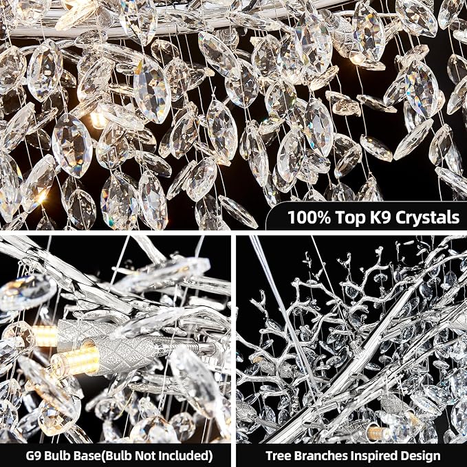 55" Crystal Tree Branch Chandelier Chrome Rectangular Chandelier | 16 Lights Luxury Raindrop Chandeliers Modern Hanging Pendant Light Fixtures for Dining Room Kitchen Island Living Room - Image 7