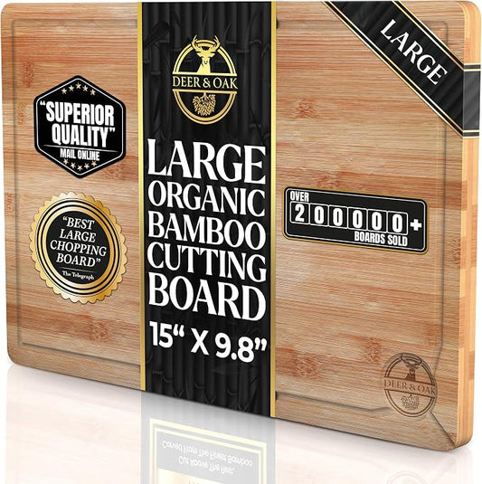 Deer & Oak Large Bamboo Chopping Board 15" x 9.8" x 0.8", Premium Wooden Kitchen Cutting Board for Meat & Vegetables, Pre-Oiled, Water Resistant, Knife-Friendly by DeerOak