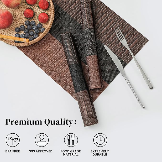Leetaltree Brown with Black Striped Placemats Set of 6 - Heat Resistant Non-Slip Place mats for Dining Table, Washable Durable PVC Vinyl Woven Table Mats（Brown Stripe, 6） - Image 2