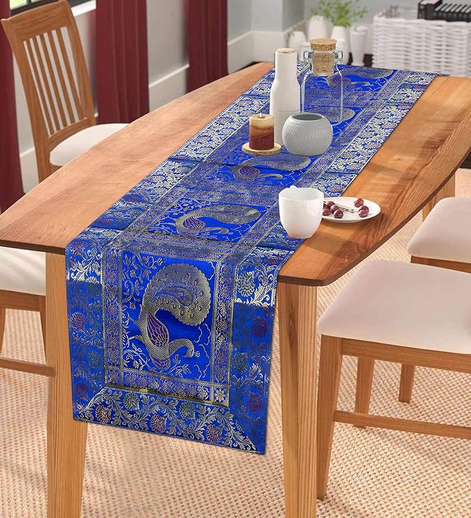 Indian Handmade Peacock Design Table Runner.Traditional Decorative Ethnic Kitchen Table Cloth for Wedding Bridal Birthday Party Decorations. 60 X 16 Inch Turquoise Color - Image 6