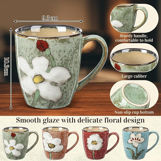 Maxdot 4 Pcs 12oz Ceramic Coffee Mugs Sets Glazing Process Cappuccino Mug Floral Ceramic Tea Cups Idea Gift Set for Women Porcelain Cup for Coffee, Cocoa, Tea, Latte (Retro) (Classic) - Image 2