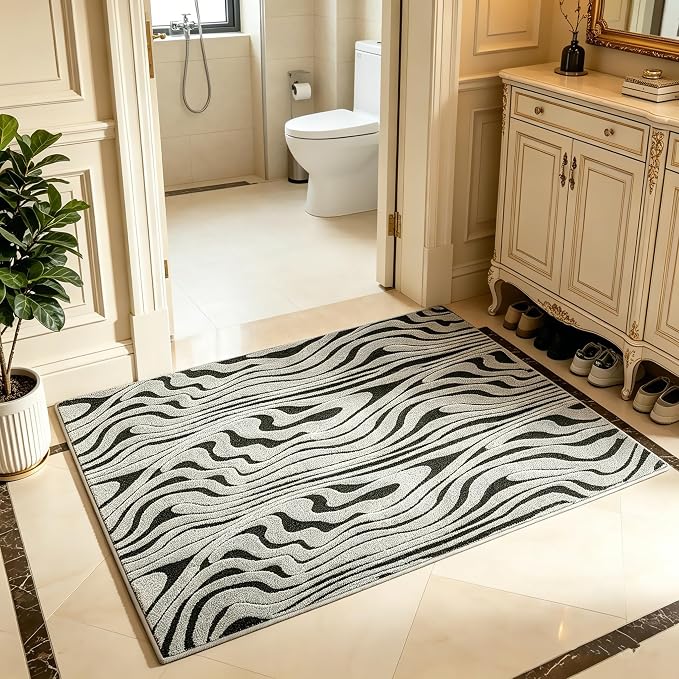Entrance Mat 3'x5', Geometric Boho Indoor Doormat for Porch, Zebra | Soft Cozy Fluffy Mid Pile Machine Washable Non Slip Accent Rug for Entryway Front Door Sink Indoor Entrance Bathroom - Image 3