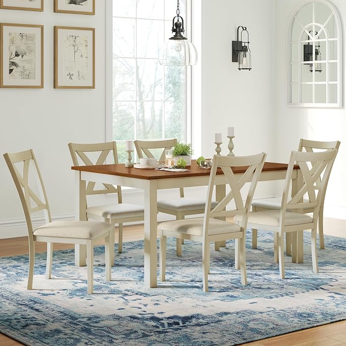 AMERLIFE 7-Piece Farmhouse Solid Wood Dining Table Set for 6, Rustic Cream | 60" Solid Wood Table, 6 Upholstered Chairs, Space-Saving Design, Rustic Dining Set, Dining Room and Kitchen Use by AMERLIFE