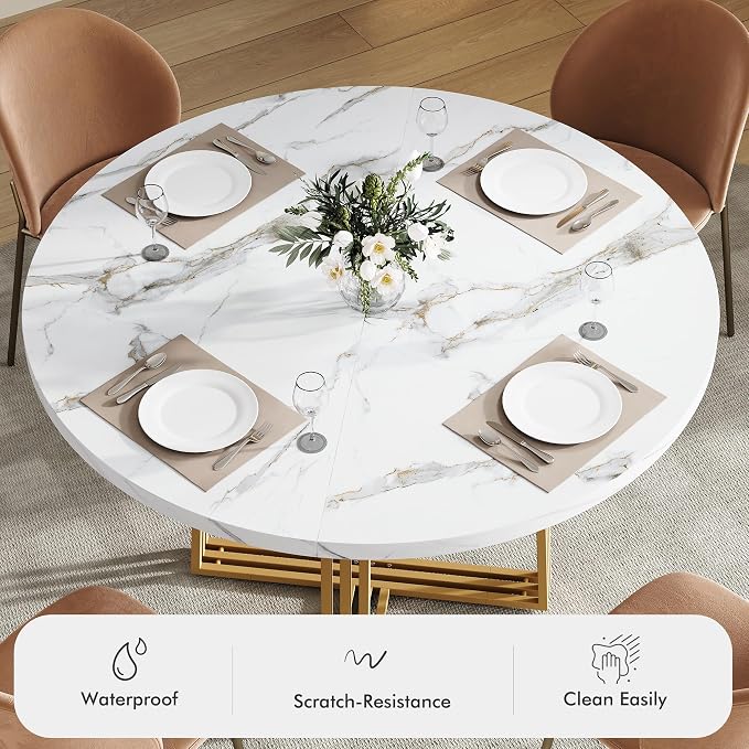Round Dining Table for 4, 43.3-Inch Faux Marble Kitchen Table, Modern Circle Dinner Table with Metal Base for Dining Room, Kitchen, Breakfast Nook, Apartment, Small Spaces, White and Gold - Image 3