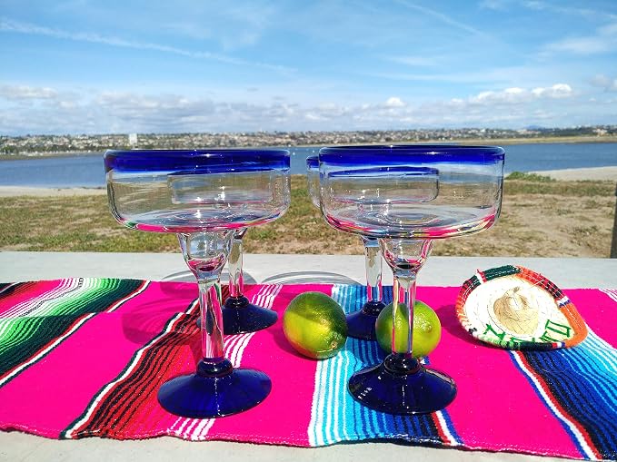 Dos Sueños Mexican Hand Blown Glass - Set of 4 Hand Blown Margarita Glasses - Cobalt Blue Rim (16 oz) - Image 2