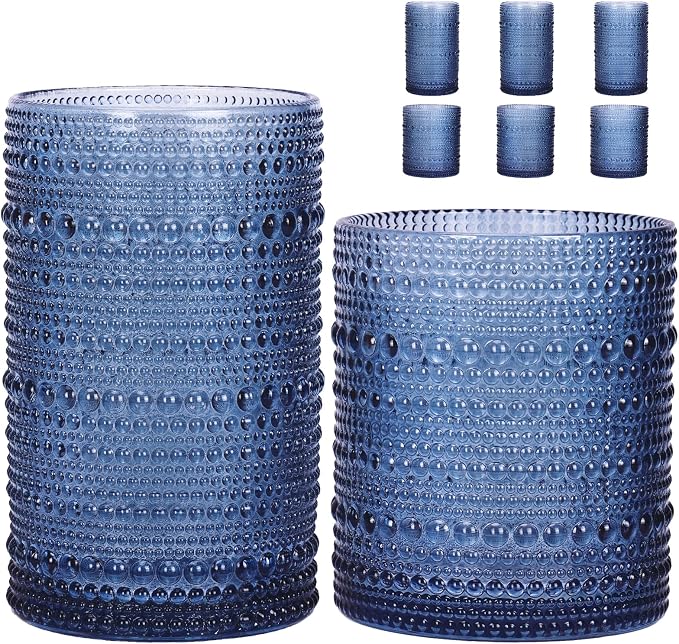 Moretoes Blue Hobnail Drinking Glasses Set of 6, Vintage Glass Cups | 12 Oz Highball Glasses & 10 Oz Cocktail Glasses Embossed Boho Kitchen Bar Tumbler Glassware for Whiskey Beer Juice Milk by Moretoes
