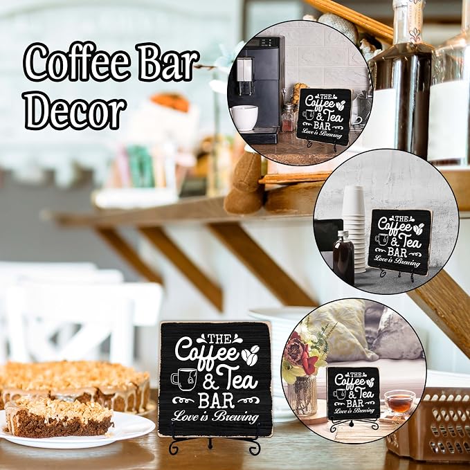 Coffee Bar Sign, Love is Brewing Farmhouse Tabletop Decor, Coffee and Tea Lover Gifts, 5x5 Wood Plaque with Iron Stand for Home Kitchen Cafe, Coffee Bar Decor – L01 - Image 3