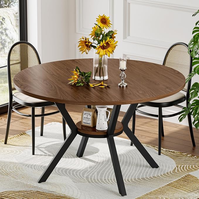 42" Round Dining Table for 4, Farmhouse Kitchen Table with Storage, Space Saving Circle Dinner Table, Rustic Wood Kitchen & Dining Room Tables with Metal Legs for Home, Apartment, Office, Restaurant by MECHYIN