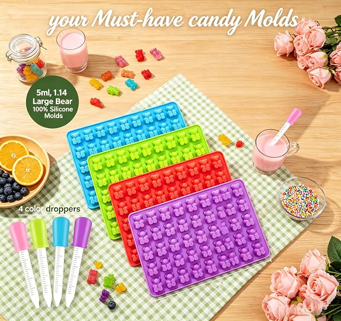 4 pcs Large Gummy Bear Molds 5 ML, BPA-FREE Silicone Chocolate Candy Gummy Molds with 4 Droppers，Non-stick and Bpa Free for Candy Chocolate Gummies Baking -140 Cavity - Image 4