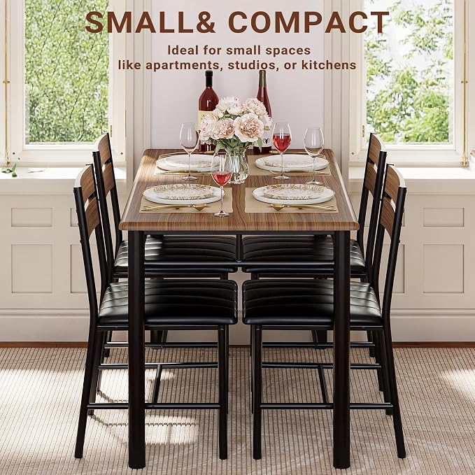 IRONCK Dining Table Set for 4, Walnut | Wood Kitchen Table with Upholstered Chairs for Kitchen Room and Small Spaces - Image 5