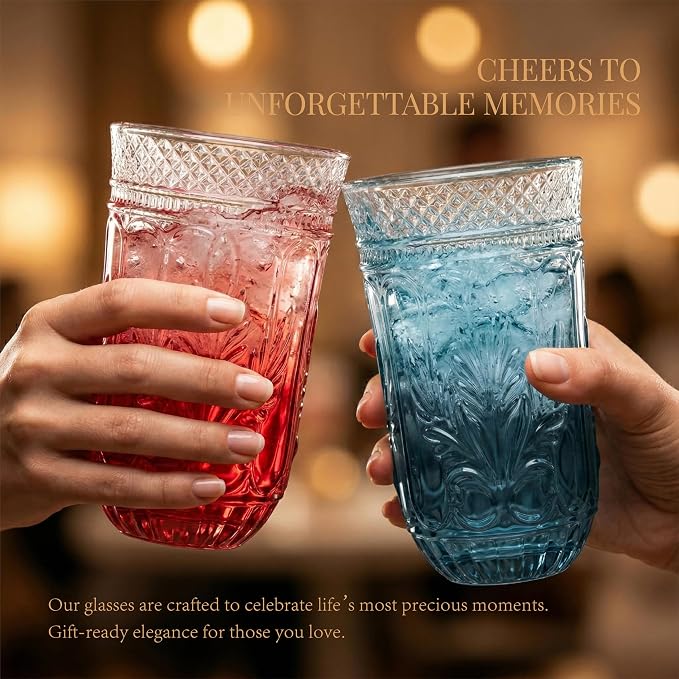 13 OZ 6 Pack Vintage Drinking Glasses Set, Colorful Textured Glass Water Tumblers Cups -Embossed Striped Glassware for Water, Cocktails, Juice, Iced Coffee, Beer(Sweet flag style) - Image 7