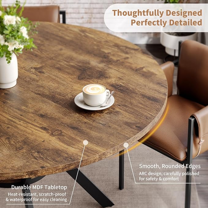 MECHYIN Round Dining Table for 2-4, 42 Inch Wood Kitchen & Dining Room Tables with Storage, Circle Dinner Table with Metal Legs, Space Saving Small Table for Dining Room, Kitchen, Rustic Brown - Image 5