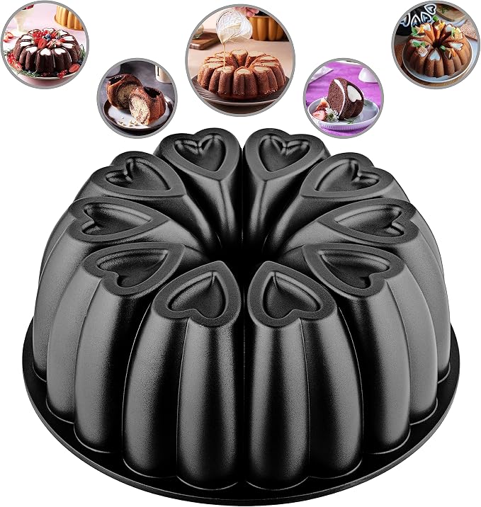 Heart Shape Aluminum Cake Pan, Titanium Coating, Non-Stick, 12 Cups, Heavy Duty, Gifts for Mom, Molded Cake Pan, 10 Inch Baking Mold, Cast Aluminum Fluted Tube Pan, Easy to Clean (Black) by MIENCA