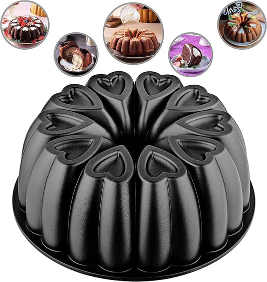 Heart Shape Aluminum Cake Pan, Titanium Coating, Non-Stick, 12 Cups, Heavy Duty, Gifts for Mom, Molded Cake Pan, 10 Inch Baking Mold, Cast Aluminum Fluted Tube Pan, Easy to Clean (Black) by MIENCA