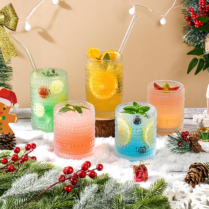KMIGRUAN Hobnail Drinking Glasses Set of 12, 15Oz & 12Oz Cocktail Glasses | Clear Vintage Highball Glasses, Embossed Beaded Water Tumbler for Juice and Various Mixed Drinks, Kitchen Drinking Glasses - Image 3