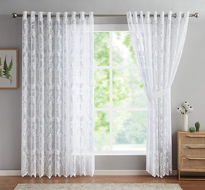 LinenZone 108x100 2 White Lace Wall-to-Wall Curtains. (Lisa 108x100, White) | 2 Elegant Knitted Lace Wall-to-Wall Curtains with Scalloped Bottom and Tiebacks for Extra Large Windows . by LinenZone
